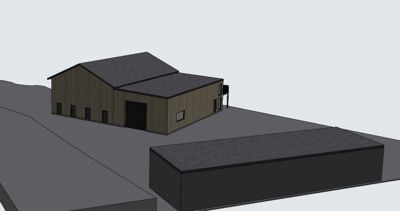 3D-visualisering av en bygning sett fra et vinklet utsyn, sannsynligvis en rendering fra et CAD-program.