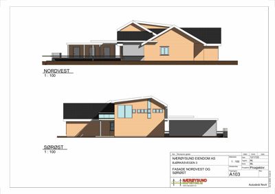 Fasadetegning som viser bygningens utseende fra nordvest og sørøst.