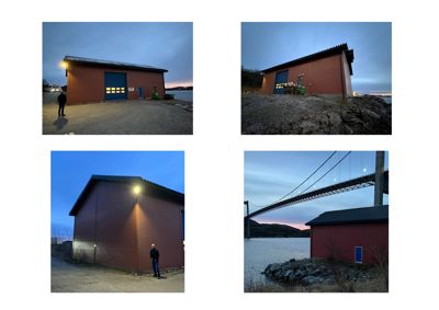 Fotografier av en ferdig eller nesten ferdig bygning (en rød skur/lagerbygning) sett fra ulike vinkler. Bildene viser fasaden, hjørnet og situasjonen med en bro i bakgrunnen.