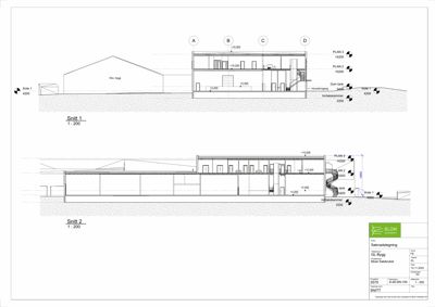 Tegning som viser tverrsnitt gjennom bygningen (Snitt 1 og Snitt 2) med høydemål og romfordeling.