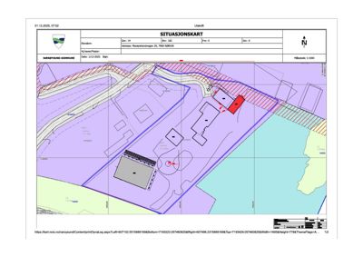 Situasjonskart som viser tomtens grenser, nabolag, veier og bygningsplasseringer.