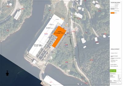 Situasjonsplan (arealoversikt) som viser bygningenes plassering i forhold til tomtegrenser, vann og vei.