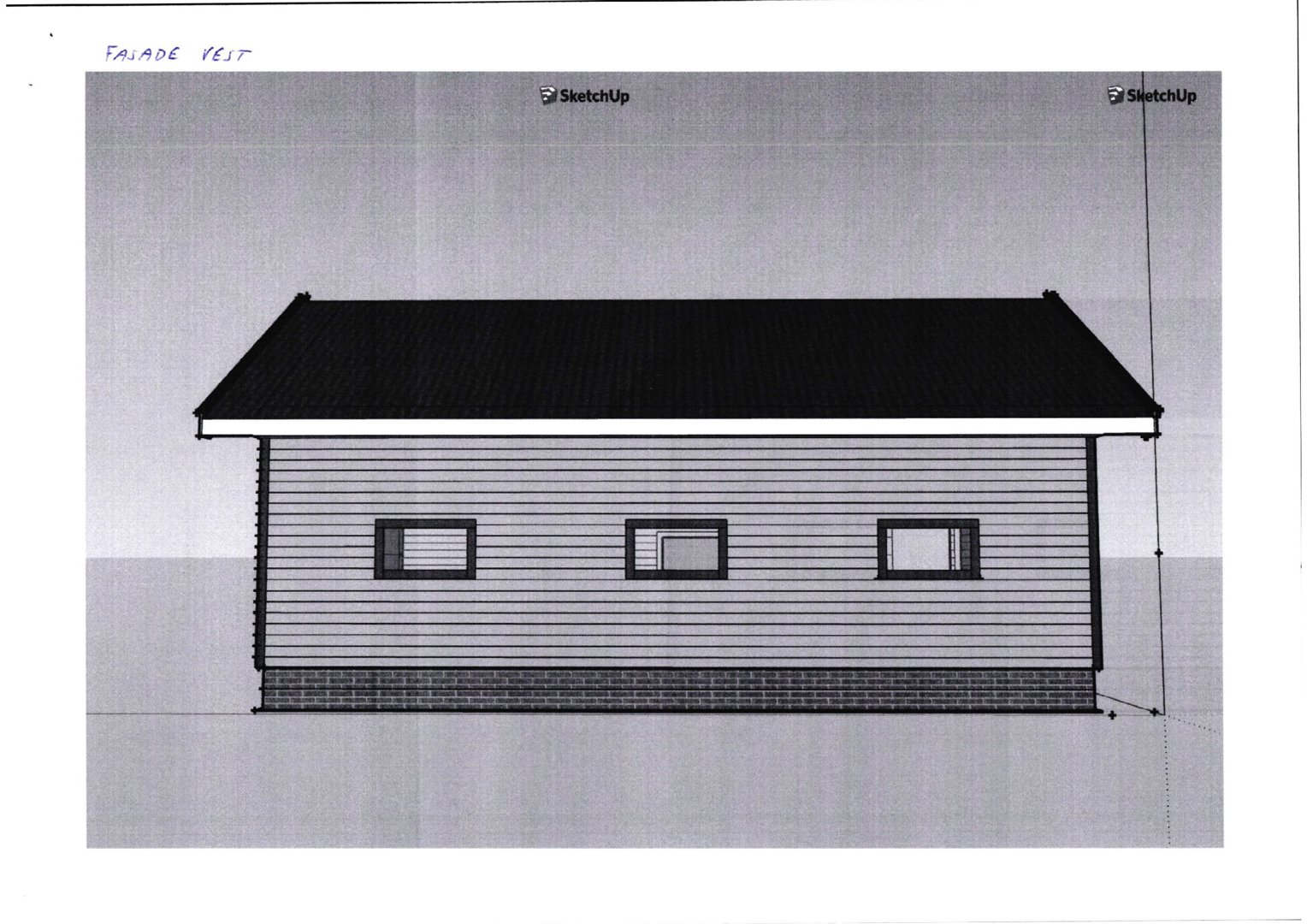 Fasadetegning (vest) som viser bygningens utside med tak, vinduer og grunnmur.