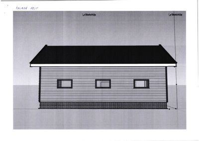 Fasadetegning (vest) som viser bygningens utside med tak, vinduer og grunnmur.