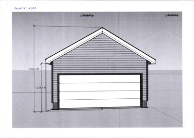Fasadetegning (opprikk) av en garasje sett fra nord, med angitte mål og tegnet i SketchUp.