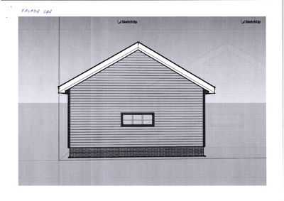 Fasadetegning (opprikk) av en bygning sett fra fronten, med tegningstekst 'FAJADE SØR' (Sør-fasade) og SketchUp-logoer.