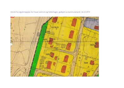 Situasjonsplan (tomtekart) som viser eiendomsinndeling, bebyggelse og arealbruk for Fossersentrum og Holterhagen.