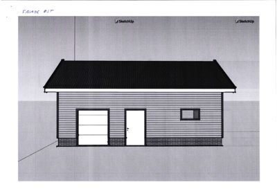 Fasadetegning (opprikk) av en bygning sett fra øst, med tegningstekst 'FASADE ØST' og 'SketchUp' logo.