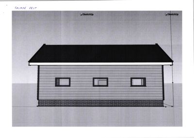 Fasadetegning (opprikk) av bygningens vestside, vist med tegningsprogrammet SketchUp.