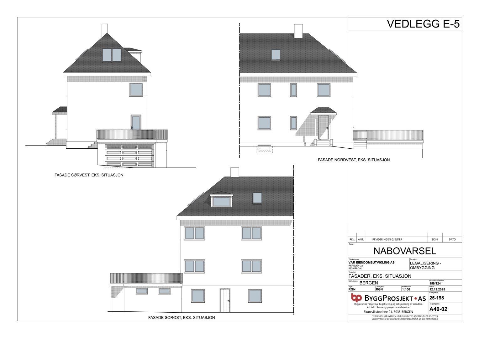 Fasadetegning som viser bygningens utseende fra fire ulike vinkler (sørvest, nordvest, sørøst og en fjerde vinkel).