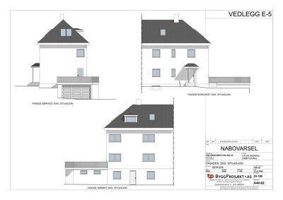 Fasadetegning som viser bygningens utseende fra fire ulike vinkler (sørvest, nordvest, sørøst og en fjerde vinkel).