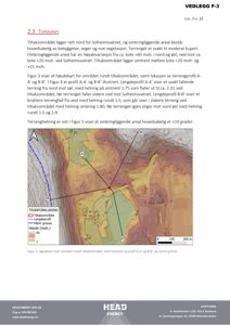 Høydekart over et område med topografiske linjer, en blå linje som markerer marin grense, og en rød rektangel som markerer tiltaksområdet.