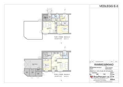 Plantegning som viser romfordeling og areal for to etasjer (1. og U. etasje) i en leilighet.