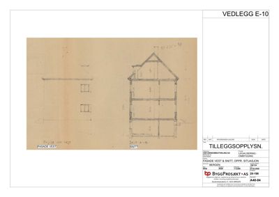 Tegning som viser fasade mot vest og snitt A-B for en bygning.