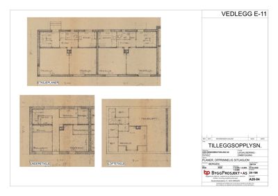 Etasjeplaner for en bygning, inkludert etasjefordeling, romoppdeling og dimensjoner.