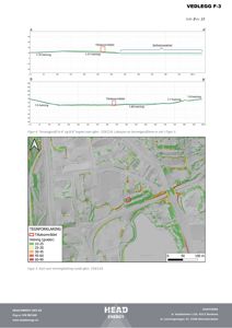 Kart over terrengheining med overlag av tiltaksområdet og naboeiendom, samt terrengprofiler.