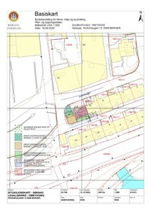 Basiskart (situasjonsplan) som viser tomt, naboeiendommer, bygninger og arealer for en byggesak i Bergen.