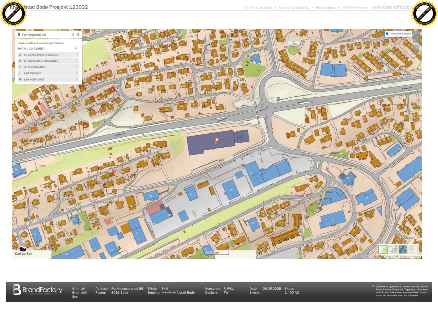 Et digitalt kart (kartverk) som viser et nabolag med bygninger, veier og grøntområder. Det er markert en spesifikk tomt i blått.