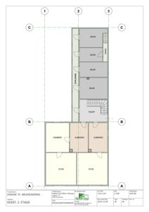 Etasjeplan for eksisterende 2. etasje i bygningen 'ENGENE 75', som viser romfordeling med stuer, kjøkken, kammer og skur.