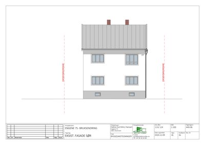 Fasadetegning (opprikk) av en bygning sett fra sør, med tegningsinformasjon i bunnen.