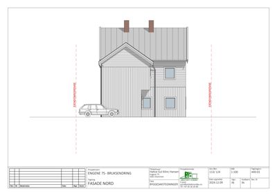 Fasadetegning av en bygning sett fra nord, med angitt eiendomsgrenser.