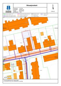 Situasjonskart som viser eiendomsnummer, bygningsspor, vegnett og naboeiendommer for adressen Engene 75 i Drammen.