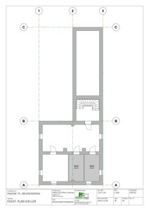 Etasjeplan for kjeller (EKSIST. PLAN KJELLER) som viser romfordeling, vegger og trapp.