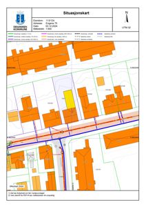 Situasjonskart som viser eiendomsforhold, naboeiendommer og bygningsplasseringer i Drammen kommune.