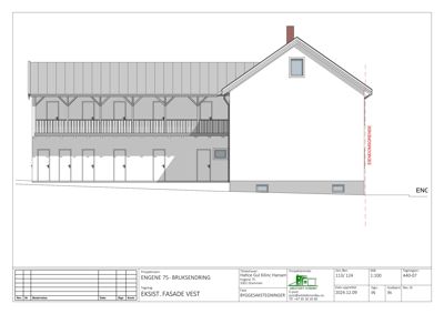 Fasadetegning (opprikk) av en bygning sett fra vest, med tegningsboks nederst.