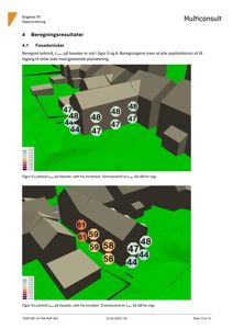 Fotografi av en 3D-modell eller visualisering av en bygning med overlagte data om lydnivå (dB) på fasaden.