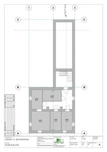 Etasjeplan for kjeller (PLAN KJELLER) som viser romfordeling, vegger og trapp.