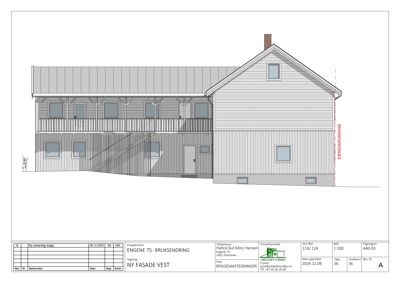 Fasadetegning som viser fronten av en bygning med nytt fasadebelegg.
