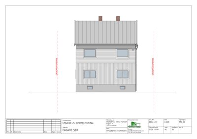 Fasadetegning (opprikk) av bygning sett fra sør.