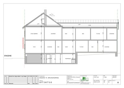 Snittegning (NYTT SNITT B-B) som viser romfordeling og høyder i bygningen.