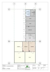Etasjeplan (eksisterende 1. etasje) som viser romfordeling med stuer, kjøkken, skur og trapp.