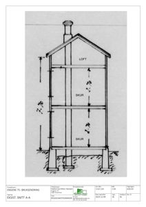 Snittegning (EKSIST. SNITT A-A) som viser bygningens høyde, etasjer (LOFT, SKUR) og fundament.