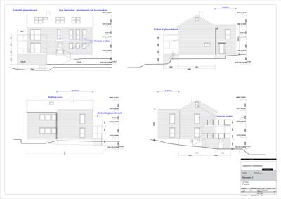 Fasadetegning som viser bygningens utsyn fra fire ulike vinkler med mål og endringsmerknader.