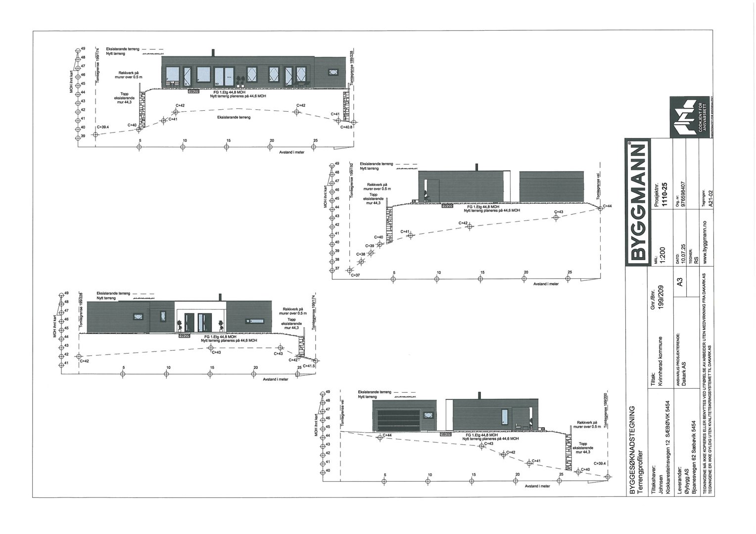 Fasadetegning som viser bygningens utseende fra ulike vinkler (front, side og bakside) med angitte mål og høyder.