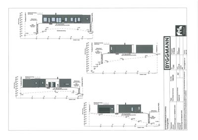 Fasadetegning som viser bygningens utseende fra ulike vinkler (front, side og bakside) med angitte mål og høyder.
