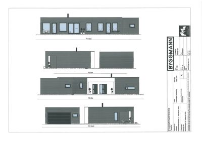 Fasadetegning som viser bygningens utseende fra fire ulike retninger: Vest, Sør, Øst og Nord.