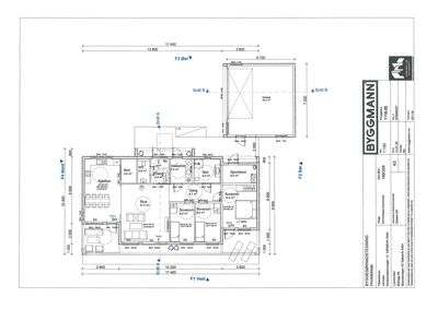 Etasjeplan (overordnet plan) som viser romfordeling, dimensjoner og snittlinjer for en bolig.