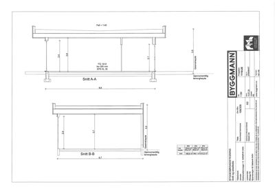 Snittegning (Snitt A-A og Snitt B-B) som viser tverrsnittet av en konstruksjon med mål og detaljer.