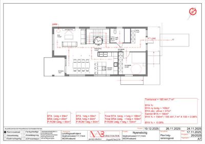 Etasjeplan (1.etg) for en nyebolig med romfordeling, mål, og arealoppsummering.