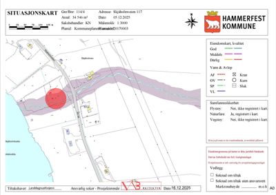Situasjonskart som viser eiendomsgranser, vann og avløp, samt naturfare og vegstøy for Skjålholveien 117.