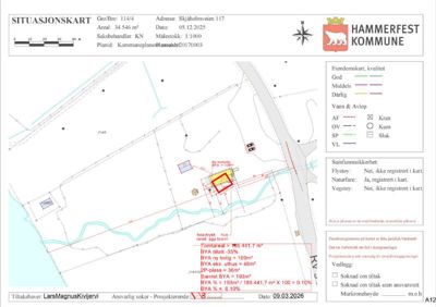 Situasjonskart som viser tomtens beliggenhet, grenser, eksisterende bygninger, vann- og avløpsledninger samt eiendomsmessige data.
