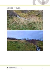 Fotografier av et naturområde med en bekk og vegetasjon, inkludert en oversikt over terrenget.