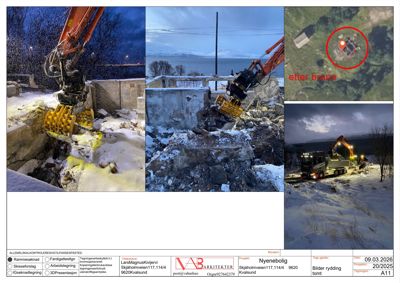 Fotodokumentasjon av ryddingstiltak på en byggeområde, inkludert bruk av gravemaskin og lastebil i snø. Bildet er en collage med flere vinkler og en situasjonsplan øverst til høyre.