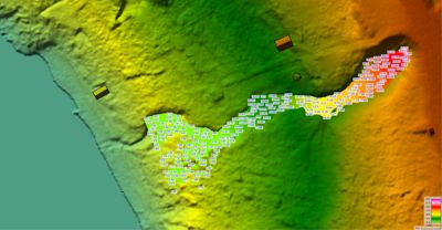 Et topografisk kart med fargekodet høydemodelle (DEM) og overlagte data som antakeligvis er bygningsspor eller arealer.