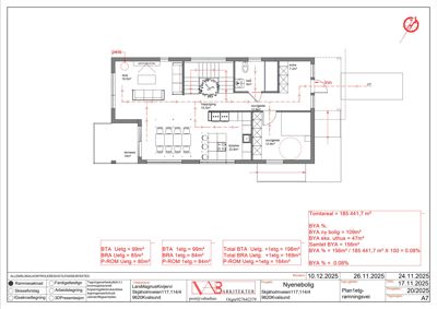 Etasjeplan (1.etg) for en nyebolig med romfordeling, mål, og arealoppsummering.