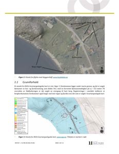Bildet viser to kart: øverst et flyfoto (skyggerelieff) og nederst en kvartærgeologisk kart fra NGU. Begge er brukt til å illustrere grunnforholdene på eiendommen.